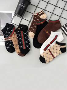 8 Pairs Women's Short Socks, Multicolor Letter & Stripe Pattern, French Luxury Retro Style, Versatile Ladies Socks