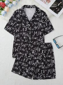 Spring Men's New Casual Sleepwear Set, Letter Print Lapel Cardigan And Shorts 2pcs, Comfortable Home Clothes