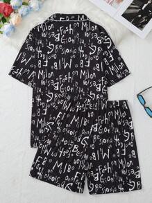 Spring Men's New Casual Sleepwear Set, Letter Print Lapel Cardigan And Shorts 2pcs, Comfortable Home Clothes