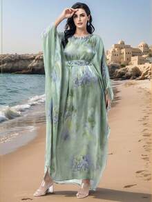 BEAUTY AMINAH 5127 Handmade Rhinestone Embellished Elegant, Sophisticated, Romantic And Charming Long Sleeve Abaya Robe For Vacation - Light Cyan - View 6