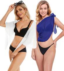 CHICGAL 2 Pieces Women Beach Sarong Bathing Suit Wrap Skirt Sheer Bikini Swimsuit Cover Ups Swimwear - 白色和皇家藍色 - 查看 3