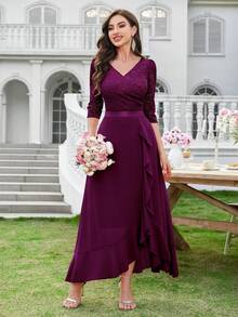 MIUSOL V Neck Floral Lace Ruffle Trim Evening Party Long Prom Dress - Maroon - View 12