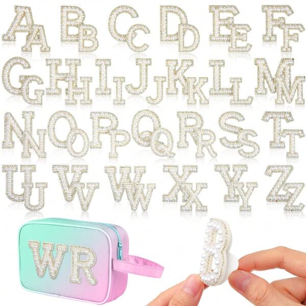 26 Pcs Pearl Rhinestone Letter Patches, Rhinestone Iron On Patches, Self Adhesive A-Z Pearl Letter Patches Alphabet Appliques Stickers, Iron On Pearl Letter Sew On Letters Patches, For DIY Clothes Bags Hats Phone Backpacks