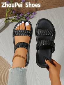 女士经典时尚个性化休闲优雅舒适百搭轻便坡跟编织凉鞋 - 黑色 - 查看 2