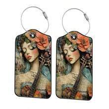 Conjunto de 2 etiquetas de bagagem vintage com tema de música e flores, etiqueta de bolsa em material PU com informações graváveis, identificador de bagagem em cores vivas para mala pessoal, mochila, bolsa ou item grande, decoração personalizada