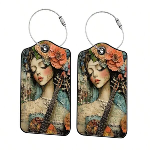 Conjunto de 2 etiquetas de bagagem vintage com tema de música e flores, etiqueta de bolsa em material PU com informações graváveis, identificador de bagagem em cores vivas para mala pessoal, mochila, bolsa ou item grande, decoração personalizada