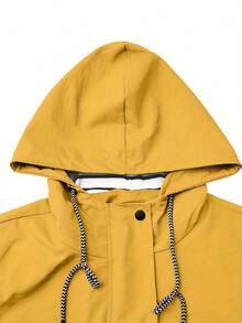 Jacket With Striped Lining And Zipper, Casual Long-Sleeved Hooded Jacket With Drawstring For Autumn And Winter, Women's Clothing, Women's Outdoor Windproof Hooded Jacket With Striped Lining, Button And Adjustable Drawstring Closure For Autumn/Winter, Windbreaker Jacket, Durable Outdoor Clothing - 黃色 - 查看 5