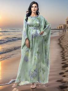 BEAUTY AMINAH 5127 Handmade Rhinestone Embellished Elegant, Sophisticated, Romantic And Charming Long Sleeve Abaya Robe For Vacation - Light Cyan - View 5