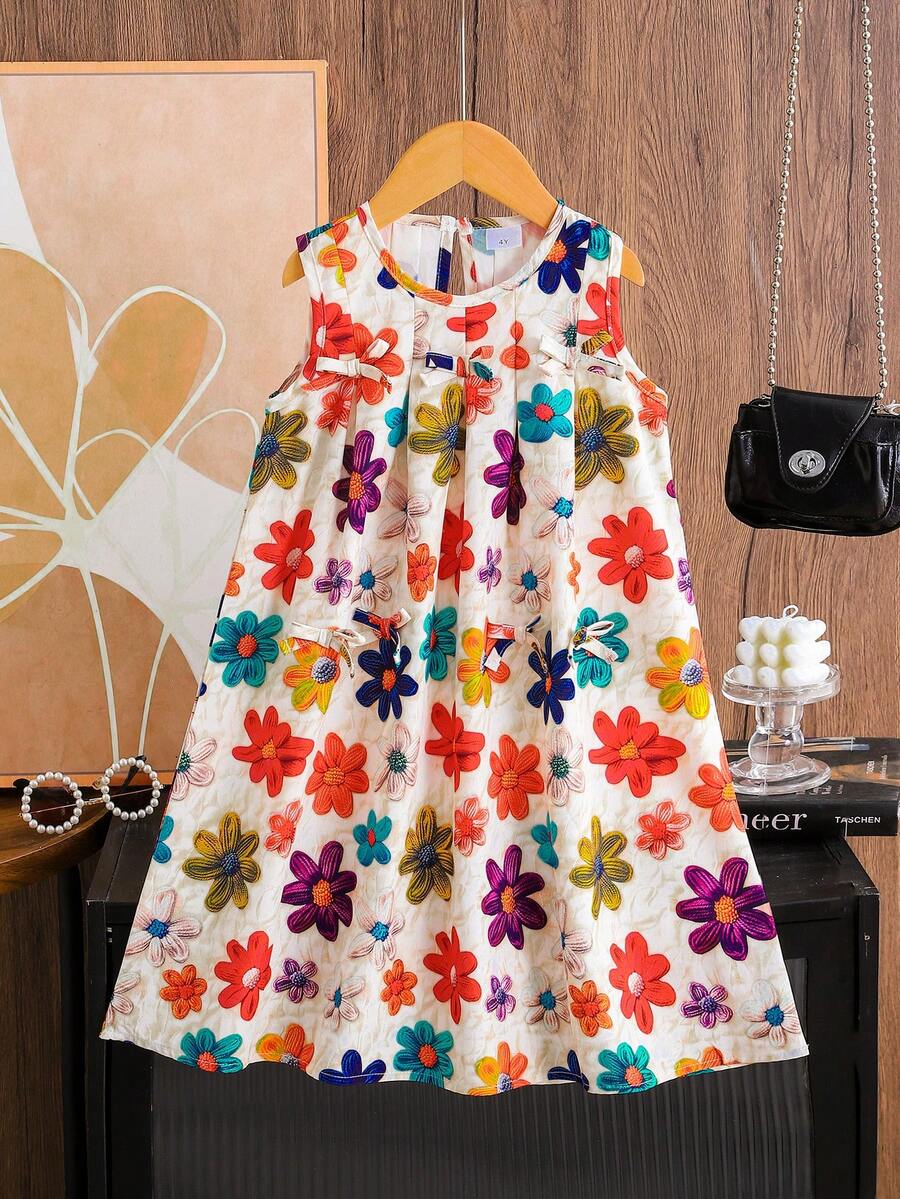 Girls' Summer Floral Print Bowknot Sleeveless Casual Vacation Dress - Multicolor - View 1