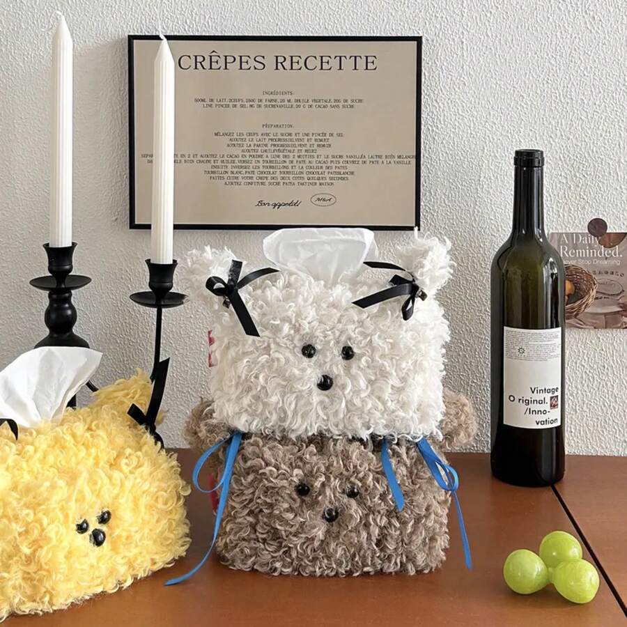 Cajas de servilletas de felpa de estilo nórdico con forma de perro de dibujos animados, bolsa de color sólido, soporte de servilletas de hilo, bolsa de almacenamiento de pañuelos - Amarillo - Ver 1