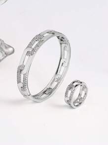 1 Set de pulsera y anillo con cadena geométrica y microperlas de circonita, un elegante juego de pulsera y anillo para uso diario de mujer