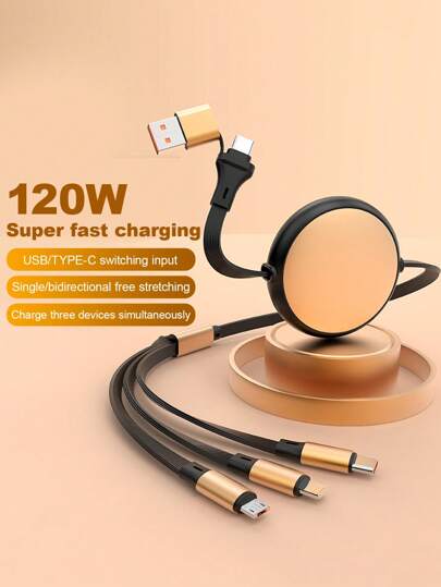 6-In-1 Fast Charging Charger Cable &Retractable One Tow Three Cable, Durable TPE Material Charging Data Line Compatible With Iphone16/15/14/13/12/11 Pro Max/XS MAX/XR/XS/X/8/7 Plus/Vivo/OPPO And Compatible With Samsung Compatible With Xiaomi Series, Universal High Efficiency Charge Cable Compatible With IPhone, Android, Camera, MP3 Universal Adapter