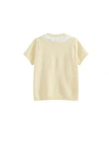 Cream Color Lace Embroidery Bow Knit Short Sleeve Top For Women, Spring/Summer - Yellow - View 3