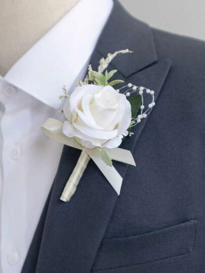 1pc Fabric Rose Boutonniere, Wedding Groom Groomsman Formal Suit Accessory, Bohemian Artificial Flower Brooch, Lavender, Light Pink, White