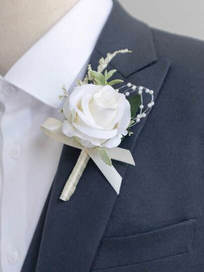 1pc Fabric Rose Boutonniere, Wedding Groom Groomsman Formal Suit Accessory, Bohemian Artificial Flower Brooch, Lavender, Light Pink, White Valentine's Day Accessories