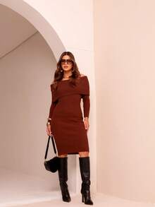Women's Trico Dress Long Sleeve Ribbed Off-The-Shoulder Modal Premium Moura Tricot - Rust Brown - View 5
