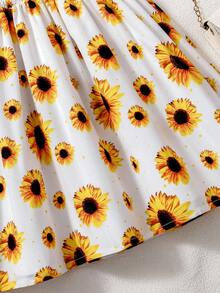 Young Girl Vacation Energetic Sunflower Ruffle Strap Bowknot Dress, Fresh And Energetic Yellow Color, Waist Gathered Ruffle Design, Suitable For Summer Outdoor Play, Beach Vacation, For Girls Aged 4-7, Spring/Summer - White - View 5