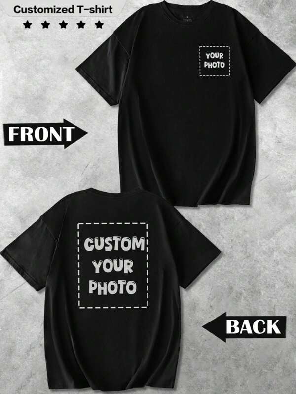 Camisas, camisetas y camisetas casuales sueltas de verano/primavera personalizadas y hechas a medida para hombres. Suba fotos de sus seres queridos, mascotas o paisajes para camisetas de cuello redondo de manga corta negras personalizadas. Ideas de regalo excelentes para él en días festivos, cumpleaños y aniversarios. Camisetas casuales personalizadas de manga corta para primavera/verano. Ornamental, estilo bulldog, moda, hipster, contratado, disfraz fácil, moda modesta, chic minimalista, casual personalizado, único, regalos ideales personalizados para él, la familia, el novio, los amigos, los niños