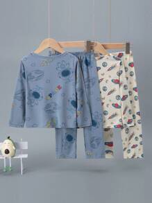 Conjunto de 4 piezas de pijama de manga larga, ligero y con estampado de astronauta de dibujos animados para niños, para primavera/verano
