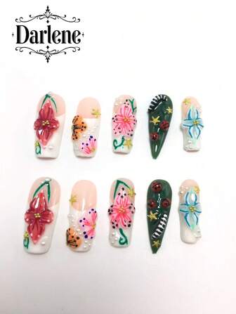 10 - Piece Set Of 3.3 Cm Square Shaped Press On Nails. Hand Painted With Three Dimensional 3D Carvings In Red, Pink, Blue And Orange Colors. Decorated With Star Shaped Accessories And Matched With Pearls. Exquisite And Unique, Suitable For Wearing In Spring And Summer.