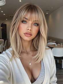 14-Inch Brown Ombre Straight Bangs Short Bob Straight Synthetic Hair Replacement Wig For Women's Daily Party - 漸層 - 查看 1