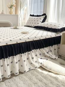 3pcs Bedding Set (1pc Bed Skirt + 2pcs Pillow Cases), Cute Romantic Floral & Bow Design With Double Ruffled Skirt, Elegant French Style, Suitable For Queen/Twin Bed, All Season
