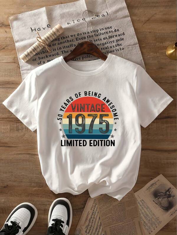 Summer Top, Ladies Casual Top, Printed 1975 Numbers, Random Round Neck Stripes Pattern, Graphic T-Shirt For Women