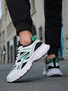 男式拼色低帮系带厚底休闲运动鞋 - 黑綠 - 查看 1