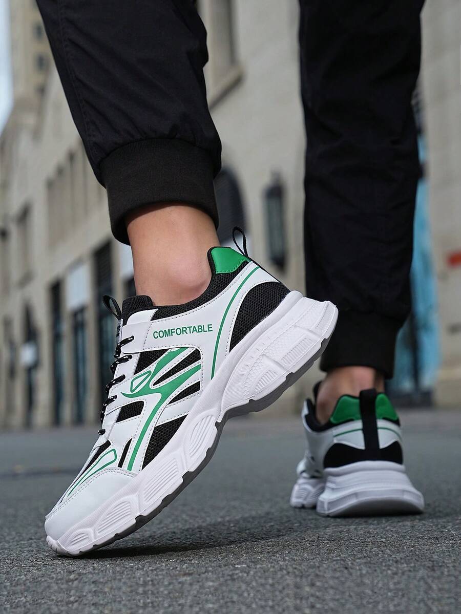 男式拼色低帮系带厚底休闲运动鞋 - 黑綠 - 查看 1