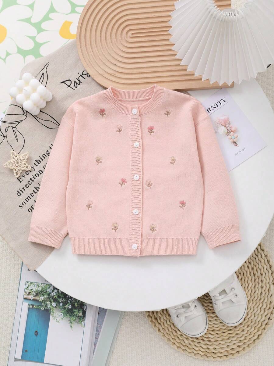 女婴针织花卉刺绣圆领开衫 - 粉色 - 查看 1