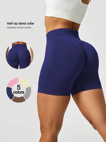 NcmRyu 1pc Women Stretchy Casual Workout Shorts, Suitable For Spring/Summer - Blue - View 1