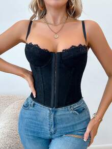 1pc Women Lace Bustier, Sexy Mesh Camisole Crop Top, Cute Backless Bodysuit For Urban Outings & Parties - Black - View 3