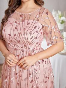 UNITHORSE Plus Size Chic Crew Neck Sequin Embroidery Patchwork Flared Dress - Dusty Pink - View 5