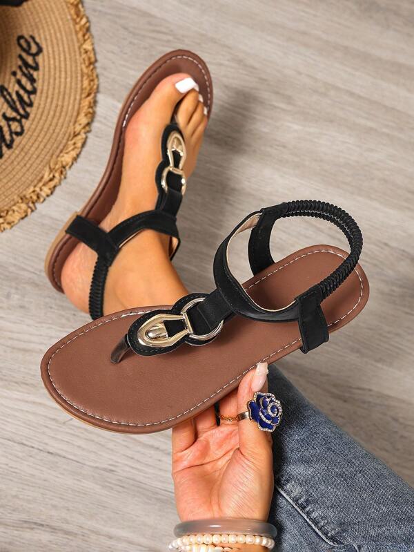 Women Flat Sandals 2025 Summer New Fashion Metal Buckle Handmade Thong Black Ladies Sandals