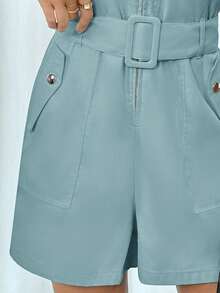 Mono corto liso casual de moda para dama con cinturón - Azul - Ver 4