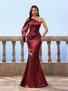 Vestito da cerimonia rosso vino per donna, con spalla scoperta, vita arricciata, modesto, avvolgente, adatto per madre della sposa per occasioni serali