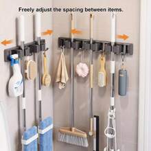 1pc Wall-Mounted Metal Broom Holder Rack With Adjustable Hooks, Suitable For Bathroom, Kitchen, Garden, Laundry Room, Garage Storage Organizer - Powder Coated Surface, Space-Saving Rack For Broom, Mop, Tools, Shelves