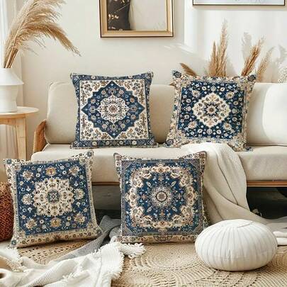 4 件复古波西米亚图案涤纶抱枕套，复古海军蓝图案印花，装饰性靠垫套，适用于客厅、卧室、沙发、床、露台和户外装饰，短毛绒面料，拉链式，易于护理，多房间装饰，无枕芯，18*18 英寸家居装饰卧室装饰枕套