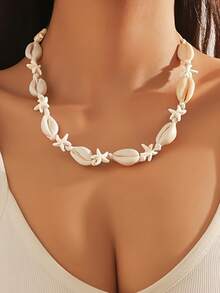 时尚手工编织吊坠项链 手工贝壳项链，女士夏季可调节天然贝壳项圈项链 时尚波西米亚编织吊坠项链（米色编织绳）