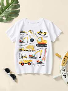 3pcs/Set Young Boy Casual Short Sleeve T-Shirt Top, Cartoon Excavator Print, Fashion Summer - Multicolor - View 9