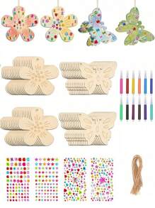 40-Piece Butterfly & Flower Craft Kit - Natural Wooden Boards For Painting/Arts & Crafts, Suitable For Art Activities, Birthday Gifts, Christmas Parties, Includes Watercolor Pens And Gem Stickers