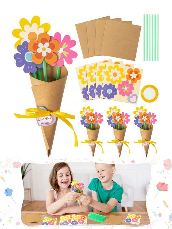 12 Set/6 Set/1 Set DIY Blumenstrauß Bastelsets - Blumensträuße für Jungen und Mädchen, selbstgemachte Blumen Strauß Geschenkset für Schule, Klassenzimmer, Familienspaß, Jungen- und-Mädchen-Hausgemachter Papierblumenstrauss Blumen, Frühlings-Klassenzimmer Aktivitätsparty Dekorationen Heim Kunstprojekte (Blumenstruße), Geschenke für den Schulanfang