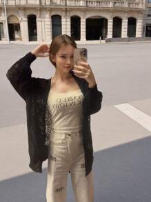 1 buc. Cardigan casual elegant, cu lună, brodat, șal chimono lung și transparent pentru plajă din dantelă pentru femei