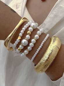 4 件套时尚优雅夸张仿珍珠心形串珠手链套装，多层堆叠袖口手镯，女士节日派对约会日常配饰，高品质珠宝，快速发货