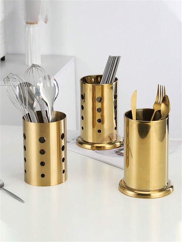 1pc, Golden Chopstick And Spoon Storage Rack, Kitchen Storage, Gold-Plated Model, With Drainage Holes, Kitchen Draining Rack, Suitable For Home Use, Applicable For Storing Tableware In Kitchens, Dining Rooms, Schools And Workplaces