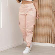 Women's High Waisted Cargo Jogger Pants Premium Twill Side Pocket, Women's High Waisted Cargo Jogger Jeans With Lycra, Women's High Waisted Butt Lifting Cargo Jeans - 粉色 - 查看 6