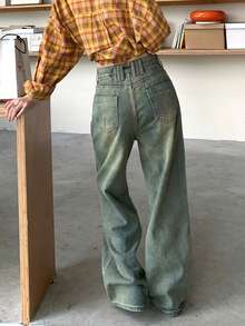 Women's Summer Casual Loose High Waist Wide Leg Jeans With Pockets - Medium Wash - View 4