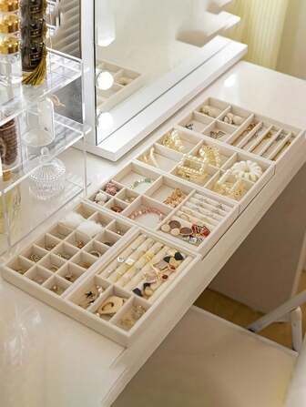 Juego de 5 piezas/1 set de bandejas de joyería, cajas de almacenamiento de joyería, cajas de almacenamiento de maquillaje, bandejas de maquillaje, cajas de almacenamiento de anillos, bandejas de anillos, cajas de almacenamiento de collares, bandejas de collares, cajas de almacenamiento beige, bandejas divididas beige, cajas de almacenamiento divididas beige, bandejas organizadoras de escritorio, cajas organizadoras de escritorio, cajas de almacenamiento de papelería, bandejas de papelería