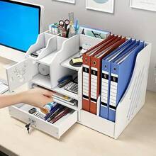 1 Pc Desk Organizer With Drawer And Pen Holder, File Paper Tray, Desktop Storage Organizer, Office Supplies Organizer,School Supplies,Back To School - White - View 2