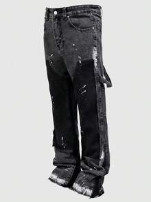 男士实用牛仔裤，直筒喇叭裤，做旧多口袋休闲裤，时尚，emo 风格 - 黑色 - 查看 1